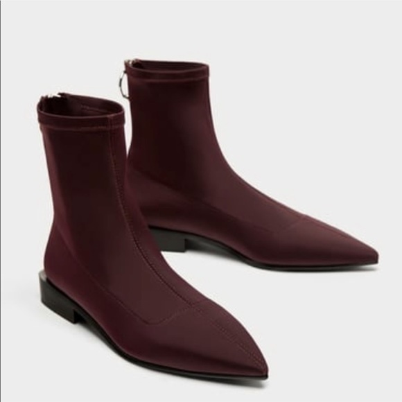 ZARA stretch zip ankle sock pointed toe burgundy boots size 35 - Picture 1 of 12